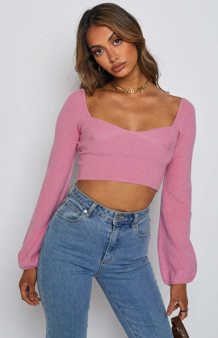 Damen elegantes cropped Oberteil mit schicker Rippstruktur und weitem Ärmel Drune