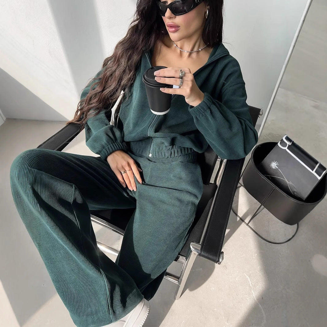 Damen nan kurzes Kapuzen-Loungewear-Set mit durchgehendem Reißverschluss, elastischem Komfortbund und gerippter Struktur Drune