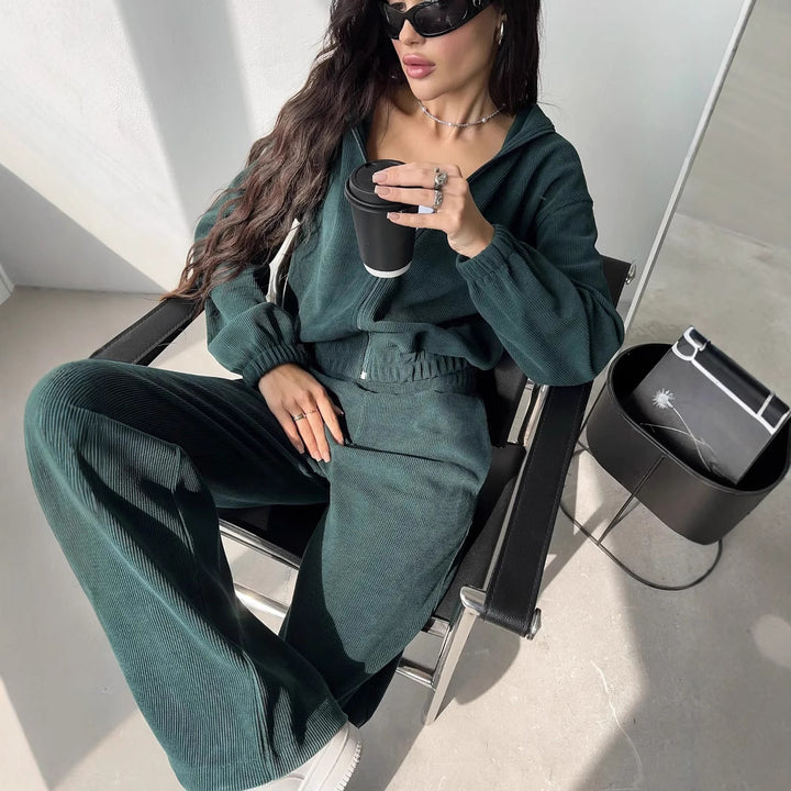 Damen nan kurzes Kapuzen-Loungewear-Set mit durchgehendem Reißverschluss, elastischem Komfortbund und gerippter Struktur Drune