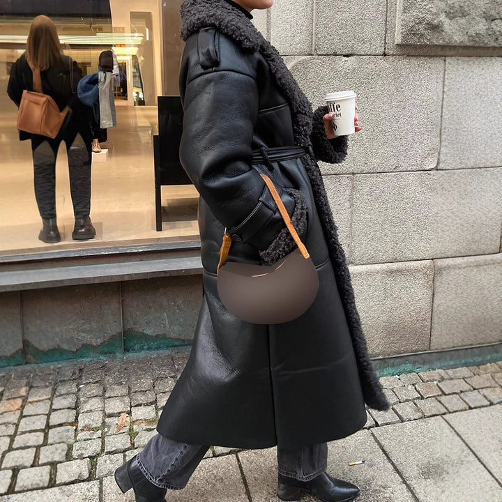 Damen Kunstledermantel mit/bekanntem Kragen und Gürtel Drune