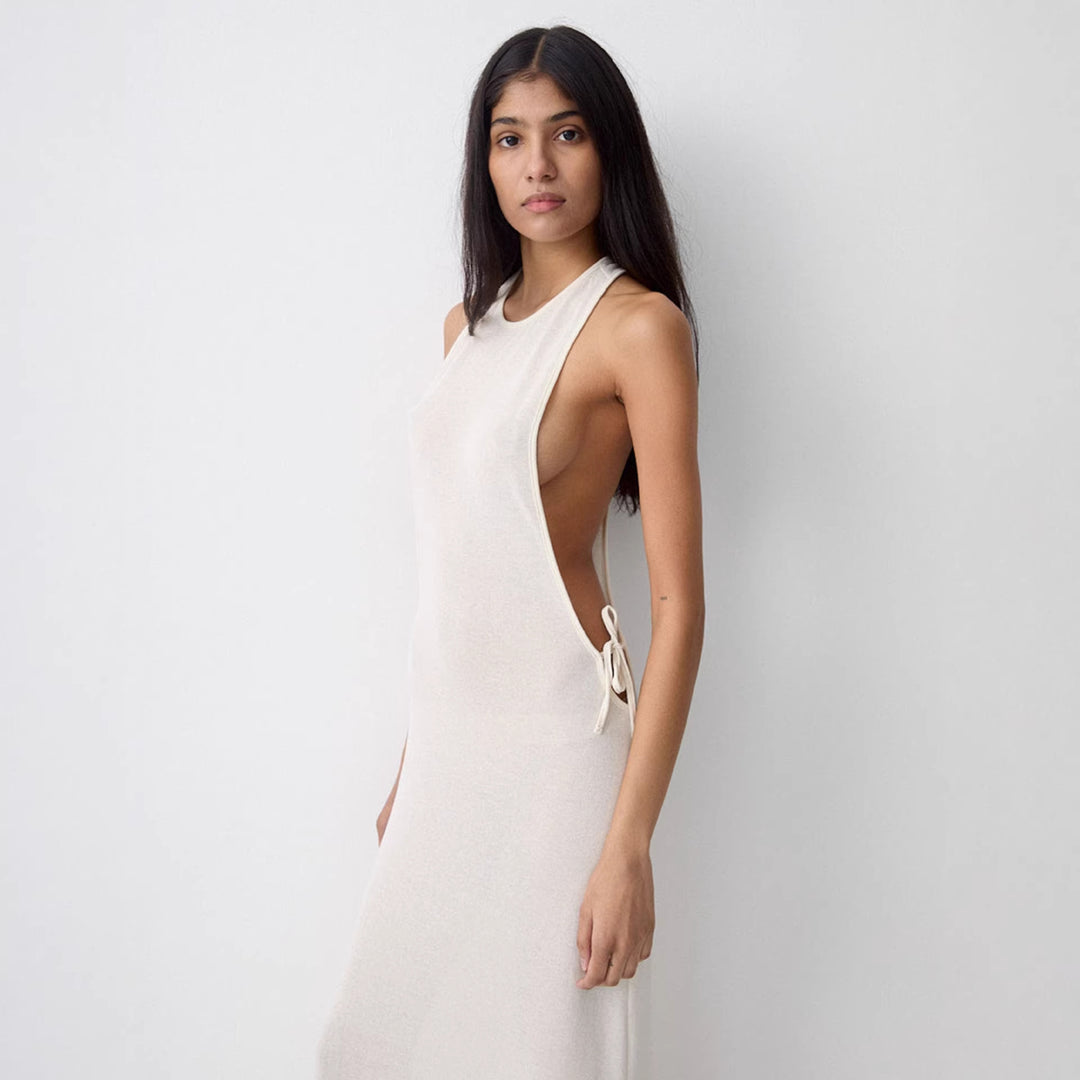 Damen Lange Seidenkleid mit kreativem Ausschnitt und eleganten Schleifendetails Drune