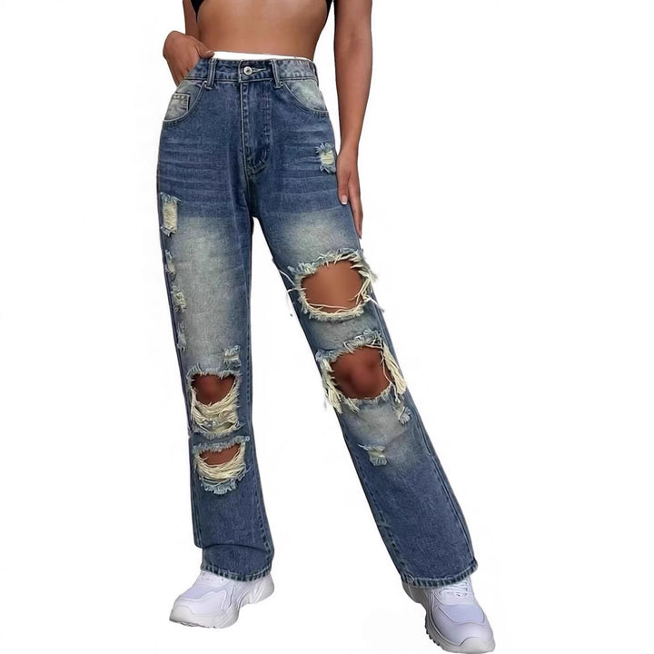 Damen lässige Destroyed Jeans mit weitem Bein und trendigen Rissdetails Drune