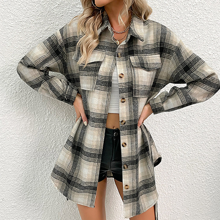Damen lässige Overshirt-Jacke im Karo-Design mit knöpfbarer Front Drune
