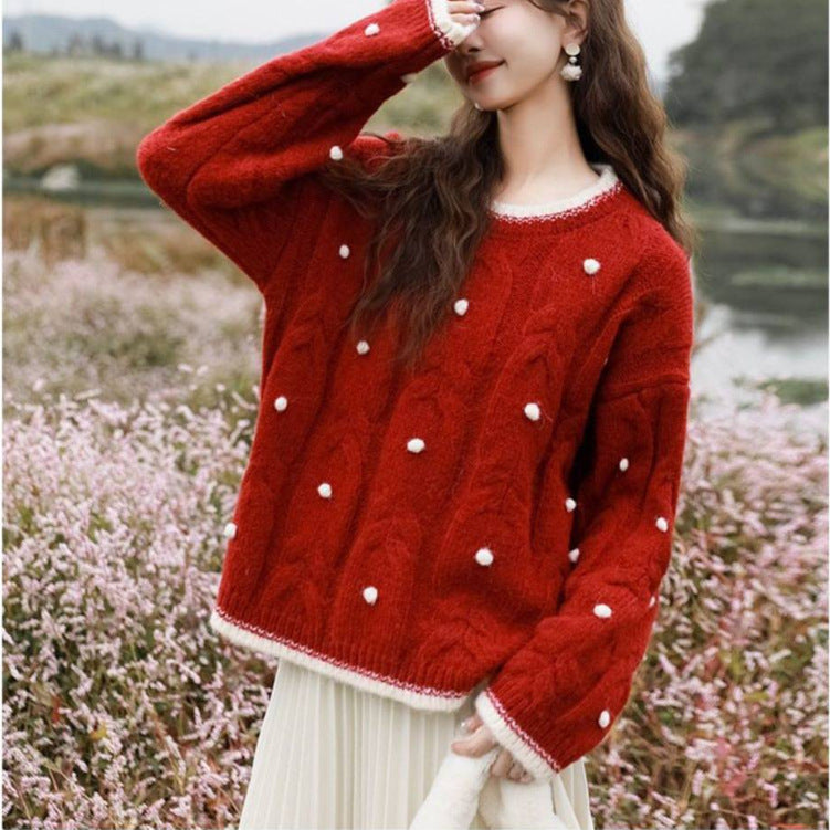 Damen Grobstrickpullover mit dekorativen Perlendetails Drune