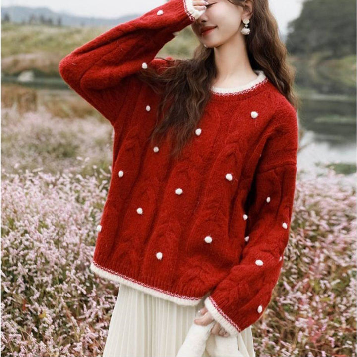 Damen Grobstrickpullover mit dekorativen Perlendetails Drune