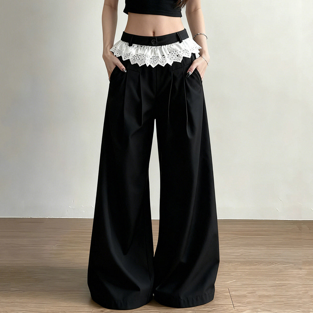 Damen Elegante weite High-Waist-Hose mit Spitzenbesatz Drune