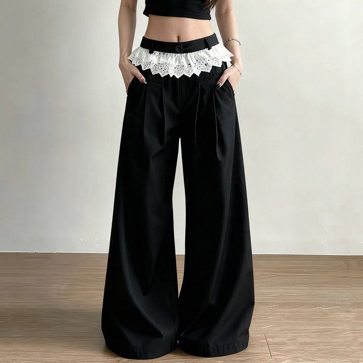 Damen Elegante weite High-Waist-Hose mit Spitzenbesatz Drune
