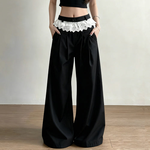 Damen Elegante weite High-Waist-Hose mit Spitzenbesatz Drune