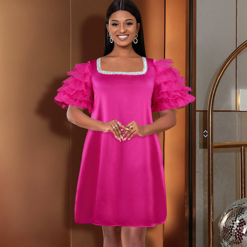 Damen festliches Minikleid mit voluminösen Rüschensäumen und glitzerndem Ausschnitt Drune