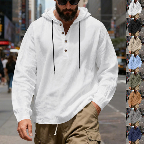 Herren nan Henley-Kapuzenpullover mit Knopfleiste und verstellbarem Kordelzug Drune