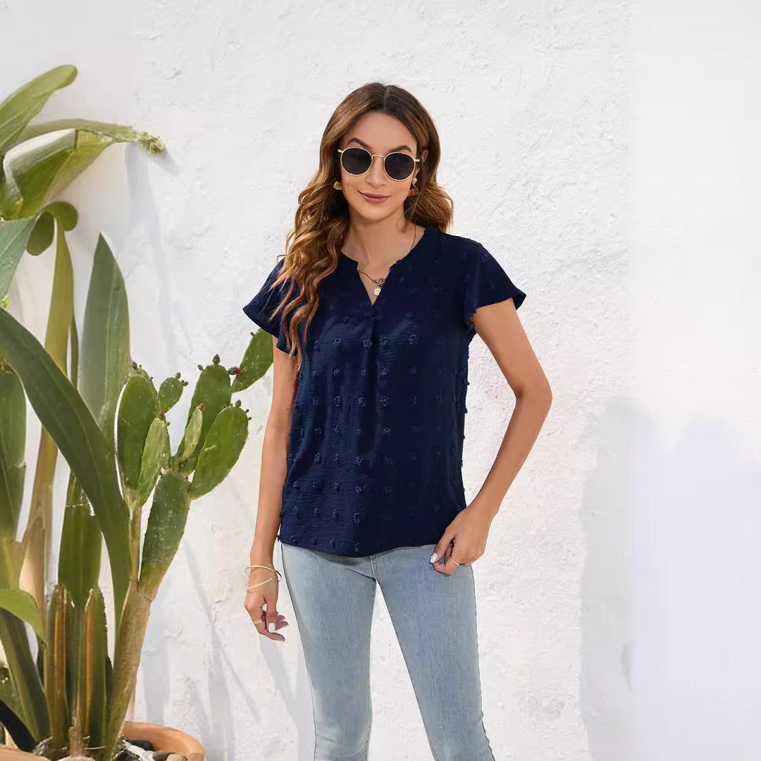 Damen Leichtes Kurzarmblusenshirt mit strukturiertem Material und eleganten Details Drune