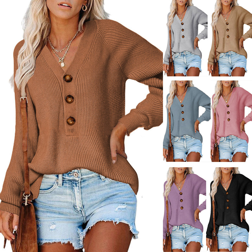 Damen V-Ausschnitt Pullover mit Holzknöpfen Drune
