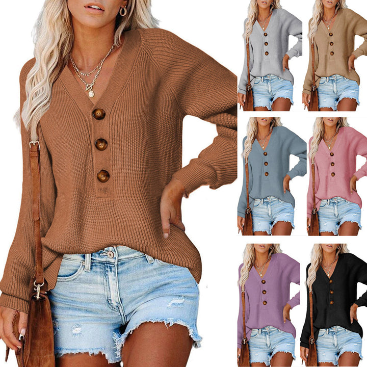 Damen V-Ausschnitt Pullover mit Holzknöpfen Drune
