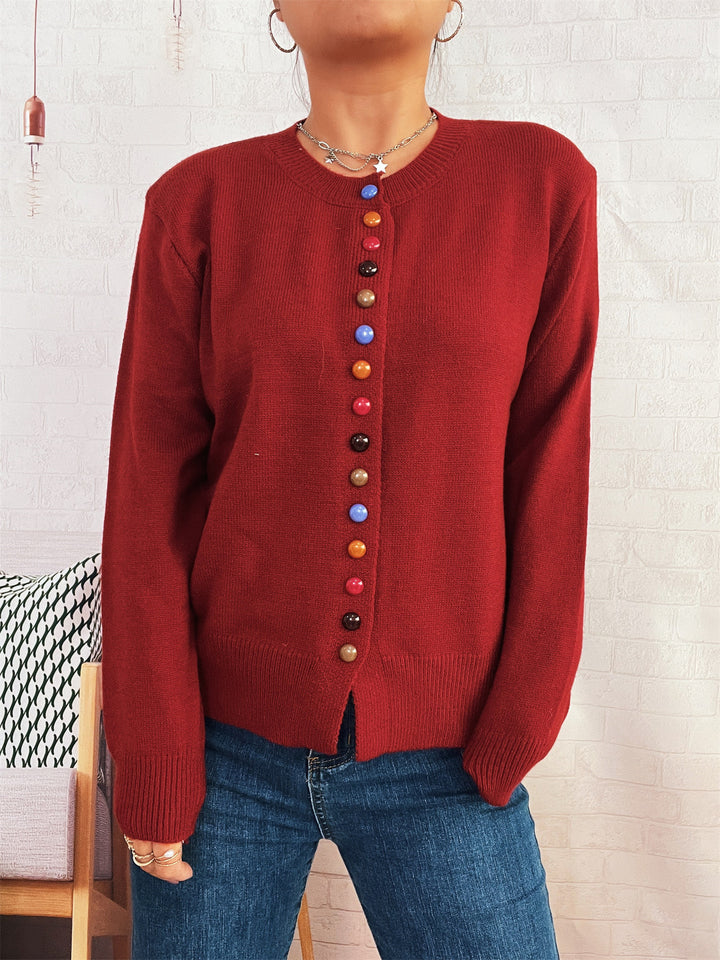 Damen stilvolle Strickjacke mit bunten Knöpfen Drune