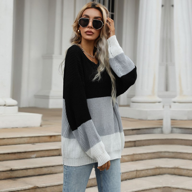 Damen lockerer Strickpullover mit trendigem Farbblock-Design Drune