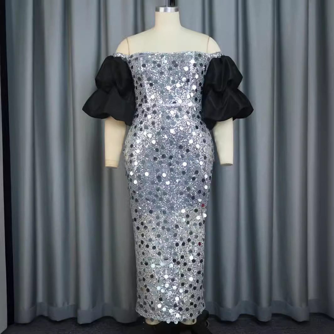 Damen Glitzerndes Abendkleid mit voluminösen Puffärmeln Drune