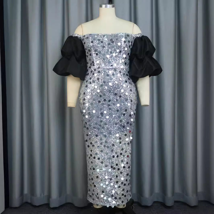 Damen Glitzerndes Abendkleid mit voluminösen Puffärmeln Drune