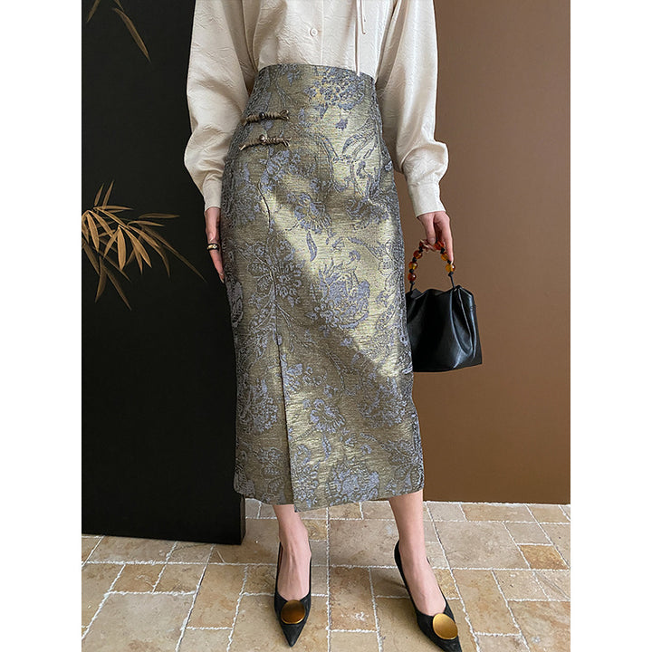 Damen Eleganter Midirock mit floralen Motiven und seitlichem Schlitz Drune