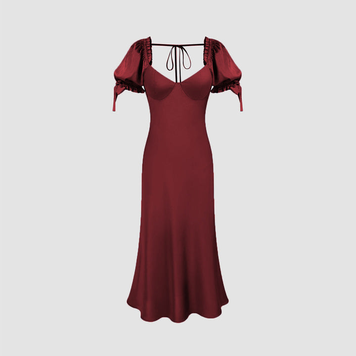 Damen Midi-Kleid mit eleganten Puffärmeln und schickem V-Ausschnitt Drune