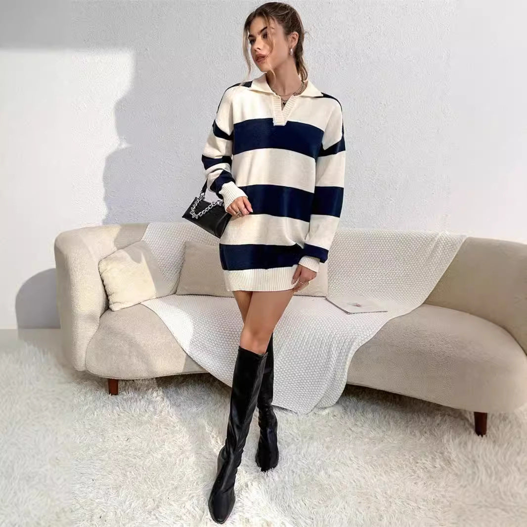 Damen Pullover-Kleid mit modernem Streifenmuster und detailreicher Knopfleiste Drune
