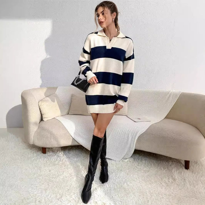 Damen Pullover-Kleid mit modernem Streifenmuster und detailreicher Knopfleiste Drune