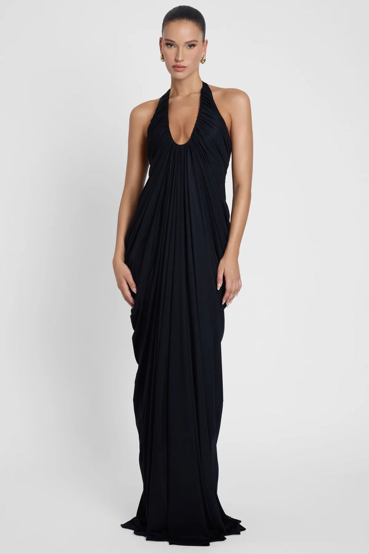 Damen Elegantes Maxikleid mit tiefem V-Ausschnitt und fließendem Drapé Drune