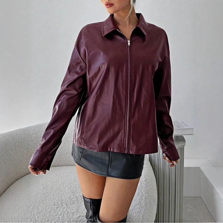 Damen leichtgewichtige Kunstlederjacke mit modernem Reißverschluss Drune
