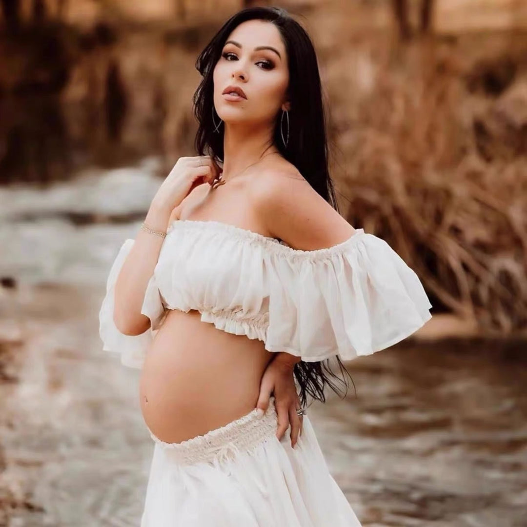 Frauen Off-Shoulder Schwangerschaft Maxi Rock Set Drune