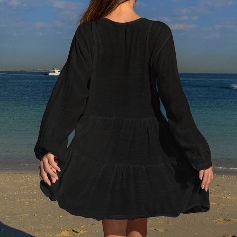 Damen luftiges Strandkleid mit Spitzenbesatz und Wasserfall-Saum Drune