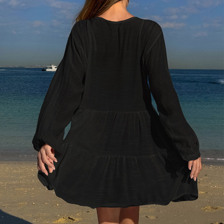Damen luftiges Strandkleid mit Spitzenbesatz und Wasserfall-Saum Drune