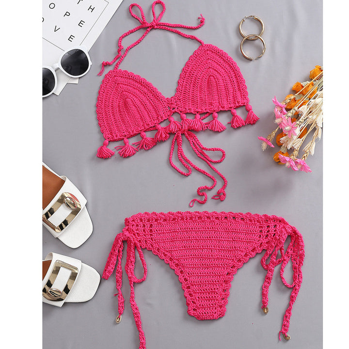 Damen Häkel-Bikini-Set mit verspielten Fransen und verstellbaren Bindebändern Drune