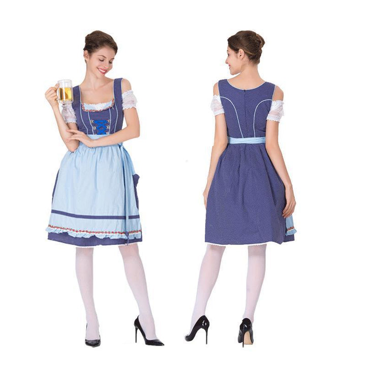 Damen nan bayerisches Trachtenkleid mit gepunktetem Mieder, Spitzeneinsätzen und geraffter Schürze Drune