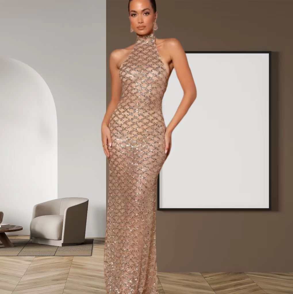 Damen Elegantes Abendkleid im Bodycon-Stil mit schimmerndem Paillettenbesatz Drune