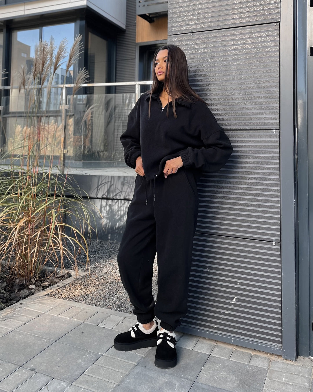 Damen Fleece-Loungewear-Set mit hohem Kragen und Reißverschluss Drune