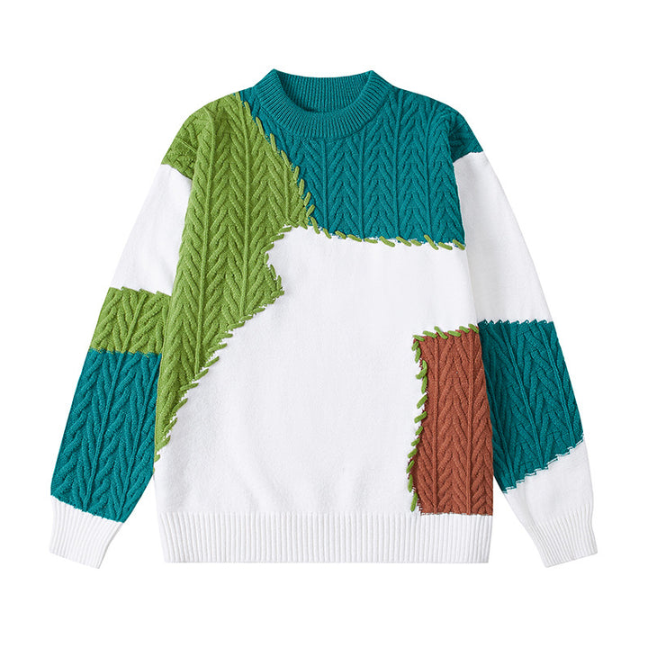Herren nan strukturierter Patchwork-Strickpullover mit Zopfmuster und Rundhals Drune
