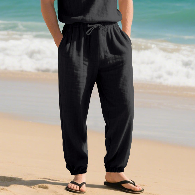 Herren nan leichte Leinenhose mit elastischem Tunnelzugbund, seitentaschen und gesmokten Bündchen Drune
