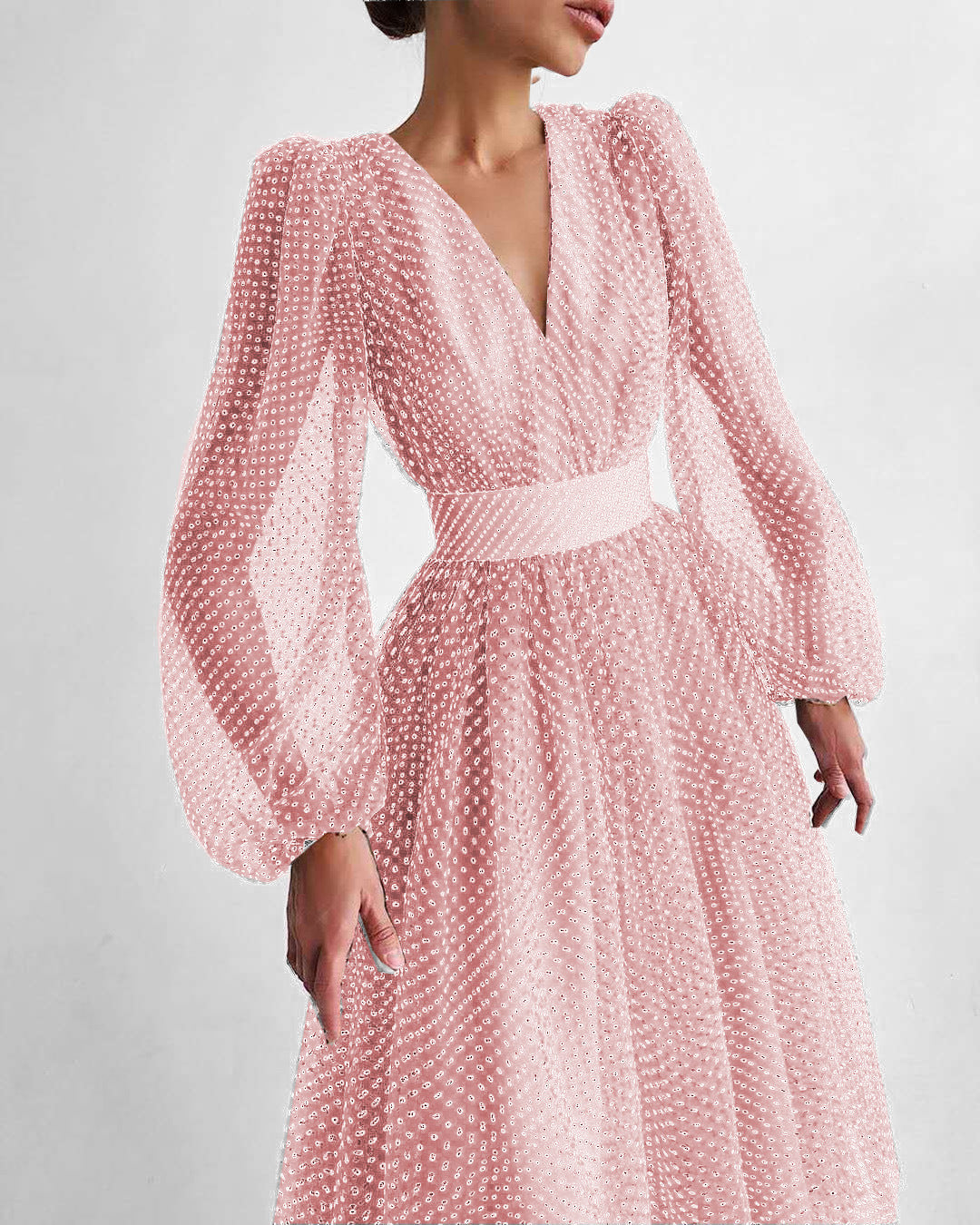 Damen Kleid mit transparentem Puffärmel und floralem Punkte-Design Drune