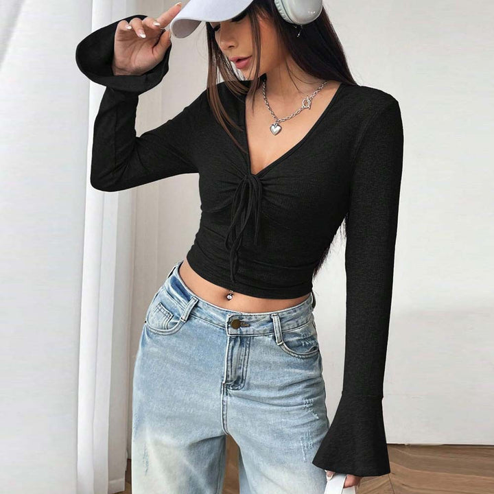 Damen Langarm-Crop-Top mit raffiniertem Knoten-Design Drune