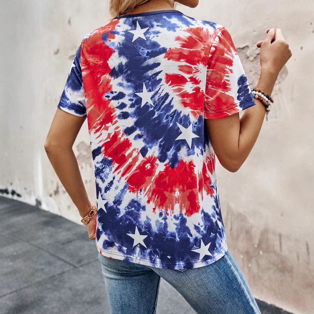 Damen Knopf-Detail T-Shirt mit Batikmuster Drune