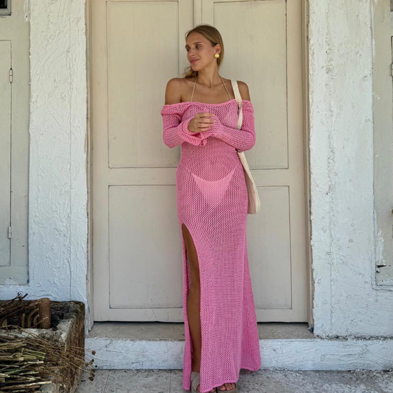 Damen Häkel-Maxikleid mit offener Schulterpartie und seitlichem Schlitz Drune