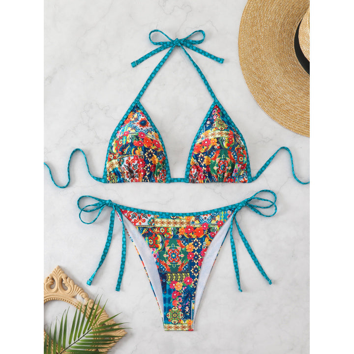 Damen Triangel-Bikini mit bunten Zierstichen und verstellbaren Bindebändern Drune