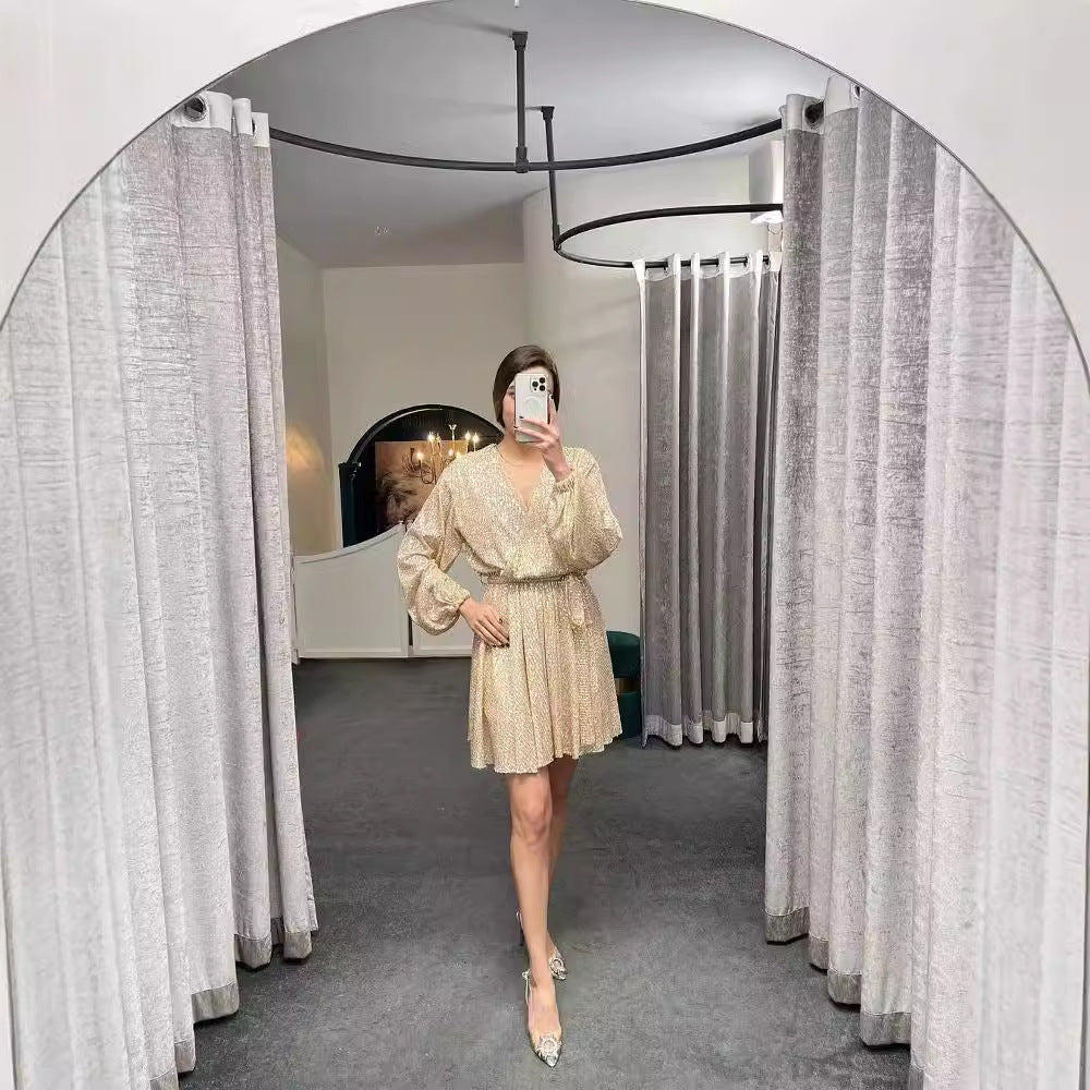 Damen funkelndes Cocktailkleid mit V-Ausschnitt und Taillengürtel Drune