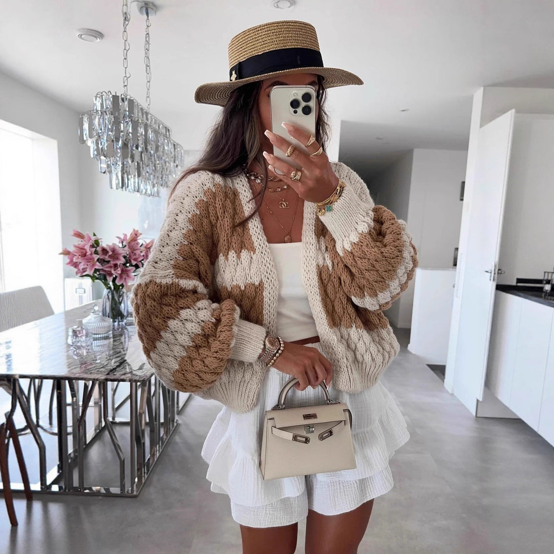 Damen lässiger Strickcardigan mit großem Zopfmuster und oversized Passform Drune