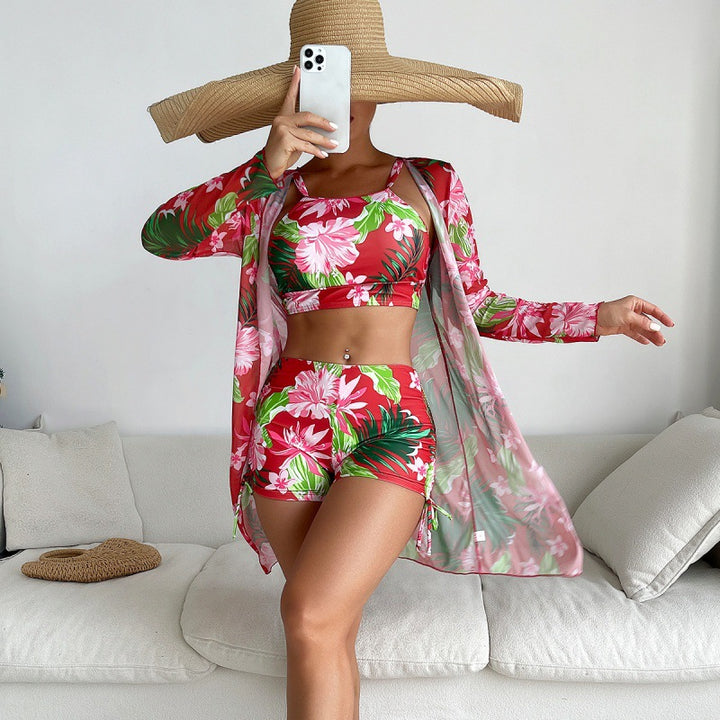 Damen Sport-Bikini-Set mit farbenfrohem Floralprint und lässiger Wickeljacke Drune