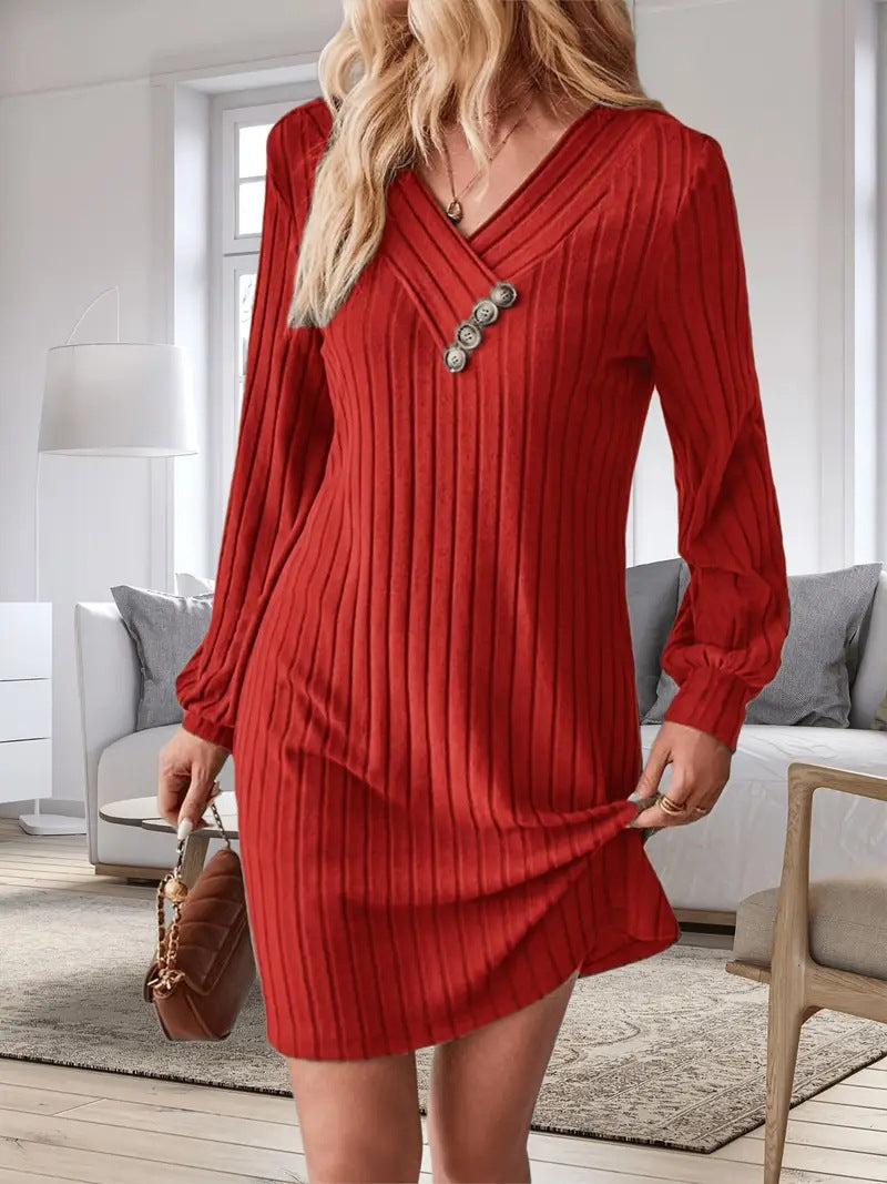 Damen Röhrenkleid mit elegantem V-Ausschnitt und dekorativen Knöpfen Drune