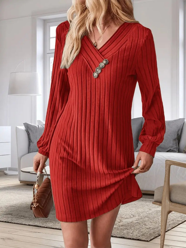 Damen Röhrenkleid mit elegantem V-Ausschnitt und dekorativen Knöpfen Drune