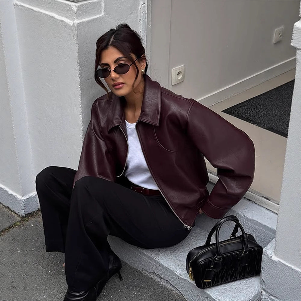 Damen elegante Lederjacke mit oversized Schnitt Drune