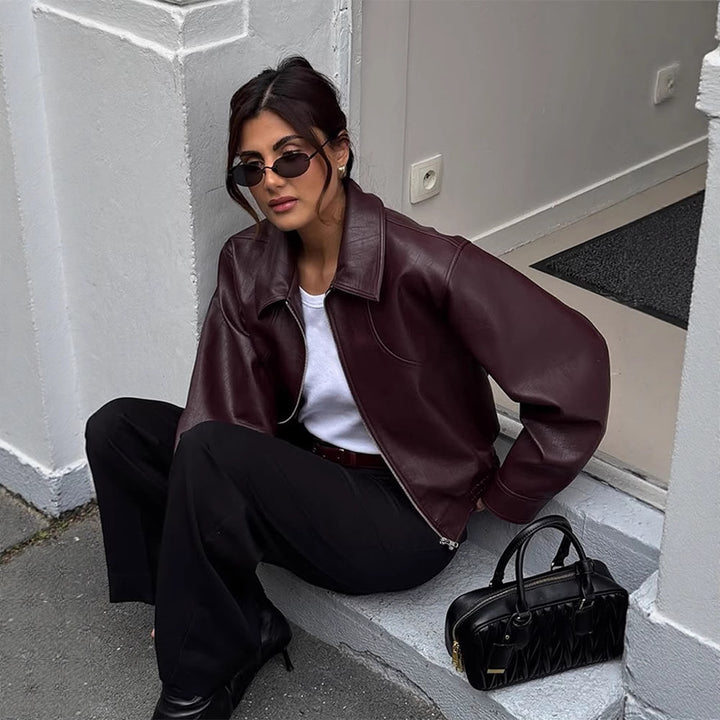 Damen elegante Lederjacke mit oversized Schnitt Drune