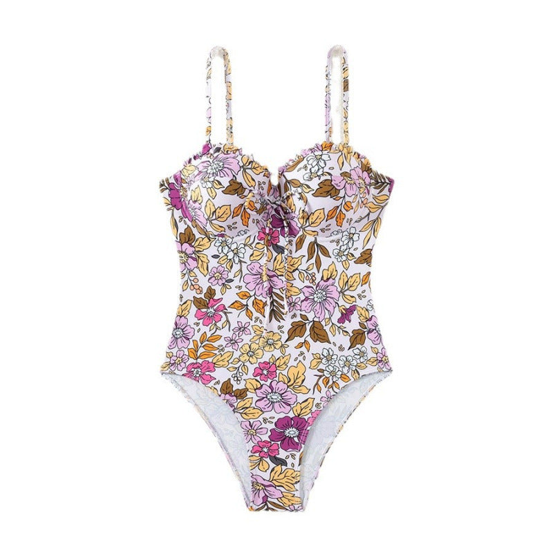 Damen Einteiliger Badeanzug mit floralem Design und traumhaftem Ausschnitt Drune