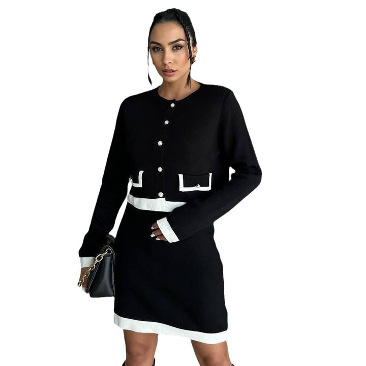 Damen elegantes Strickjacken-Kleid mit Kontrastdetails Drune